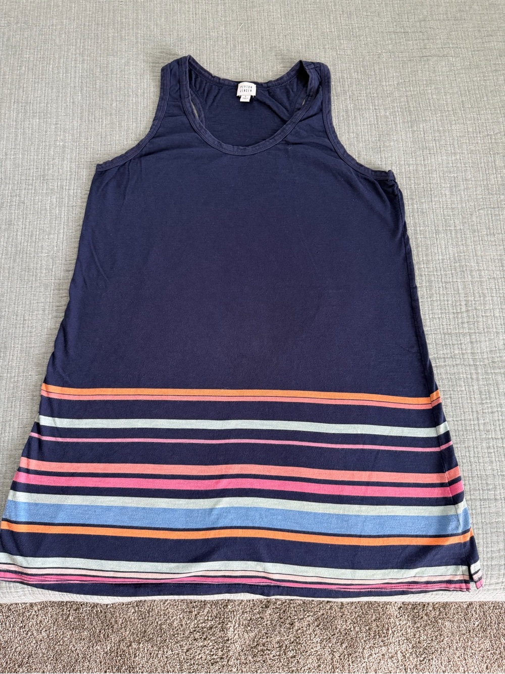 Sleeveless Navy Mini Dress with Multicolor Striped Hem - Unknown Brand